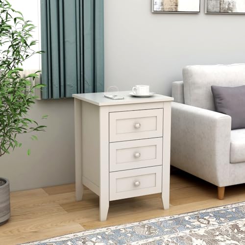 Modern Nightstand with Charging Station, 3 Drawer White Bedside Table with USB Ports and AC Outlets, Wooden Nightstand for Bedroom, Living Room, or Office