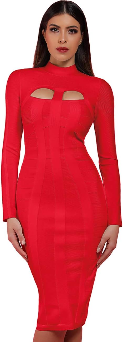 UONBOX Women's Sexy Cut Out Long Sleeves Midi Bodycon Party Bandage Dress - Image 3