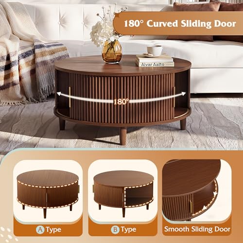 Image of WLIVE 31.5 inch Round Coffee Table with Storage, Walnut Brown | with Sliding Cabinet Door, Mid Century Modern Fluted Center Table for Living Room, Small Space. 31.5 inch Dia. x 17.5 inchH