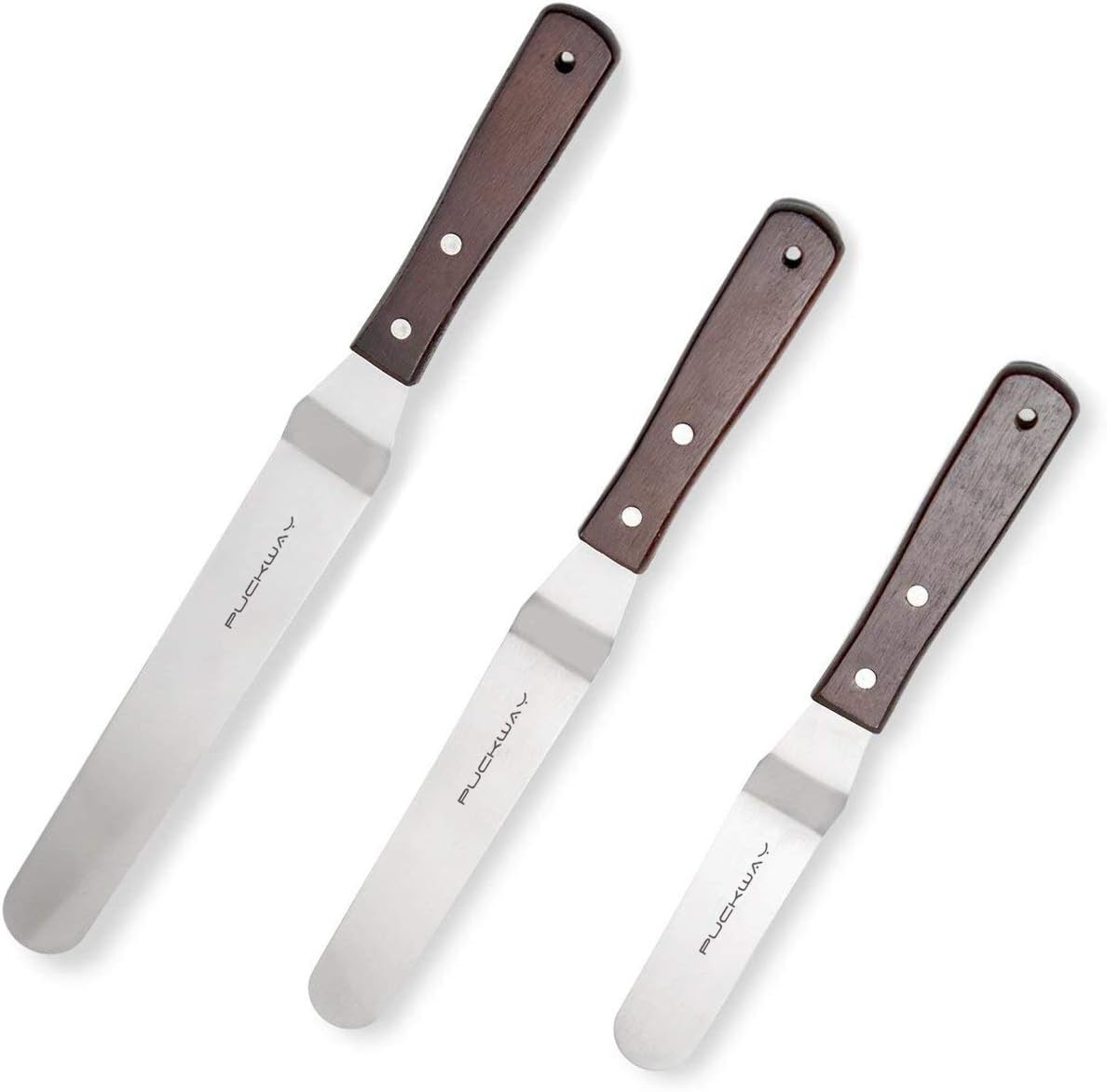 Offset Cake Icing Spatula Set of 3 Professional Stainless Steel Cake Decorating Frosting Spatulas (6"-8"-10" Flexible Resistant Blade) Angled with Textured Handle for Easy Grip