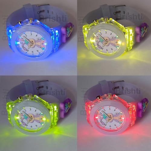 Image of Brishti 3D Cartoon Character Multicolored Glowing Digital Light and Girl's Analogue Wrist Watch | Unique 3D Cute Cartoon Character on Strap | Soft Silicone Strap | Suitable for Age 3-12 Year Kids