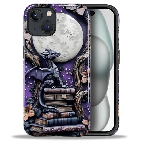 Coque iPhone 15 Plus dragon violet motif livre antichoc ZHEGAILIAN