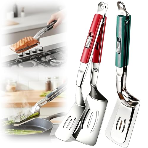 Coiekuy 2 Pcs Spatula Tongs 2026 Upgraded 2-in-1 Stainless Steel Grill Clamp Spatula Heavy Duty Cooking Tongs with Anti-Scald Locking Handle 304 Food-Grade Double Spatula for BBQ Frying Camping