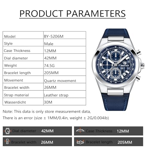 BENYAR Quartz Movement Chronograph 30M Waterproof Luminous Date Classic Leather Strap Men's Watches2