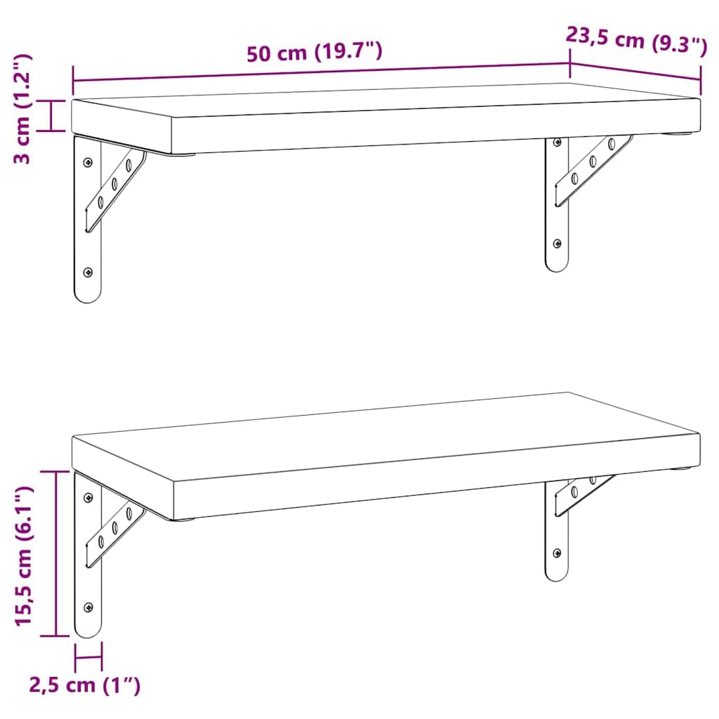 Set di 2 mensole da parete in acciaio inox, 50 x 23,5 cm, colore: argento
