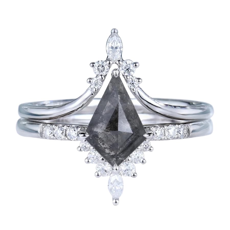 2 Pcs Vintage Salt and Pepper Diamond Ring for Women 1.5 Ct Kite Cut Salt and Pepper Engagement Ring Set 925 Sterling Silver 10K 14K 18K Gold Salt and Pepper Bridal Set