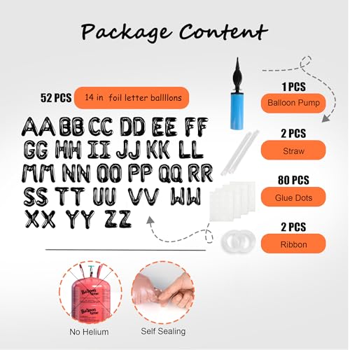 Image of 52 pcs Black Foil Letter Balloons with Air Pump, 16 Inch 2 A-Z Sets - Mylar Alphabet Balloon Kit for Birthday Banner & Party Decorations