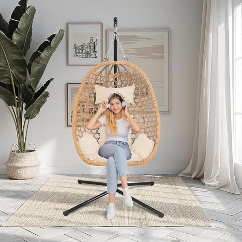 Image of Outdoor Hanging Egg Chair with Stand,Patio Rattan Hammock Chair,Burlywood