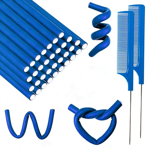 BIEAEIA 60 Pieces Flexible Curling Rods 9.45 x 0.31 inches, Soft Foam No Heat Hair Rollers for Long Hair Short Hair Women Girls, Hair Curlers Set with Steel Pintail Rat Tail Comb, Dark Blue