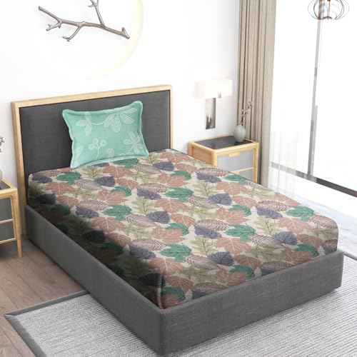 Home Stylish 280 TC Floral Print Ezyption Cotton 1 Single Bedsheet with 1 Pillow Cover 90x60 Inch Olive Green