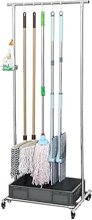 Jiza モップホルダー 掃除用具 収納 フック付き 区分け収納 ステンレス鋼製 耐荷重300kg 多機能 大容量 頑固 耐久性 キャスター付き ABS樹脂製ボックス 5つフック付き