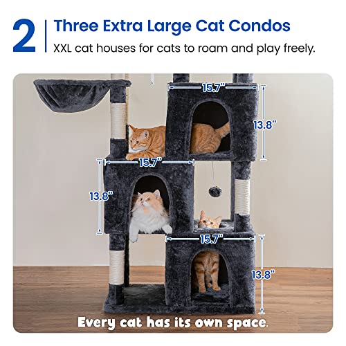Image of MWPO Extra Large Cat Tree - 70.1-Inch Tall Cat Tower with 3 Cat Condos, Multi-Level Cat Stand for Large Cats Featuring Scratching Posts, Padded Perches, Hammock, Dangling Toys - Smoky Grey