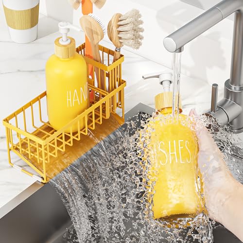 Image of Cisily Yellow Dish Soap Dispenser Set, 16 fl Oz Dual Kitchen Soap Dispensers with Sponge Holder, Customized Stainless Steel Kitchen Soap Dispenser Set, Lemon Kitchen Decor and Accessories