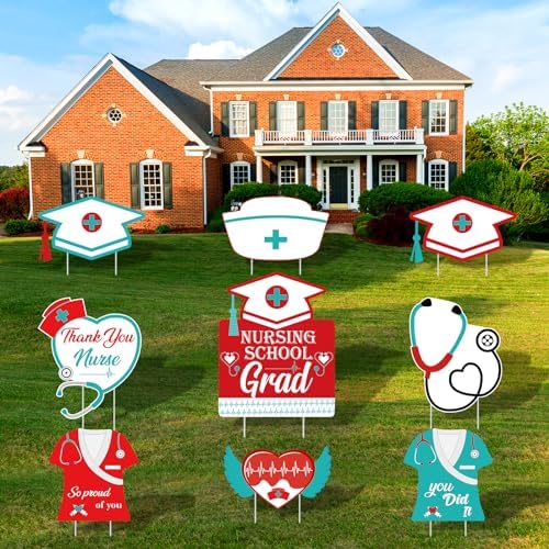 Whaline 8Pcs Nurse Graduation Yard Signs with 16Pcs Stakes Grad Cap Nurse Cap Lawn