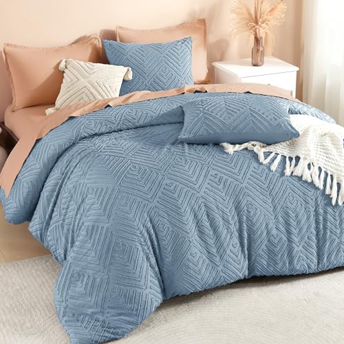 Image of Litanika Grayish Blue Oversized Queen Comforter, 3 Pieces Tufted Boho Farmhouse Bedding Comforter Sets, Lightweight Fluffy Comforter Bed Set for All Season (98x98In Comforter and 2 Pillowcases)