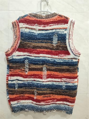 Mens Vintage Gradient Stripe Baggy Knitted Vest Washed Ripped Sweater Tank Top V-Neck Sleeveless2