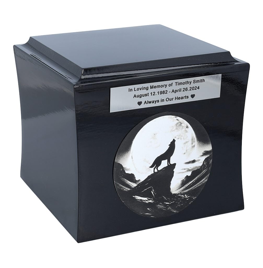 Urn With Wolf Cremaion Urn With Engraved Lone Wolf (Black/Design1/Plaque)