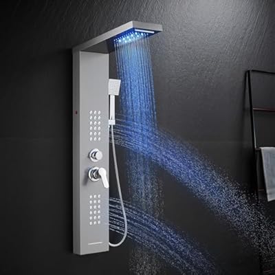 ROVATE LED Shower Panel Tower System, Rainfall Waterfall Shower Tower with Jets and Handheld, 5 in 1 Brushed Stainless Steel High Pressure Shower Column with Tub Spout