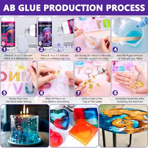 POWZOO Epoxidharz mit Härter 1016 ml,Glasklar Gießharz Set Epoxidarz, Mit Farbe,Glitzer, holzstäbchen, Handschuhe, messbecher,1: 1 Verhältnis für Kunstprojekt, schmuckherstellung, Handwerk