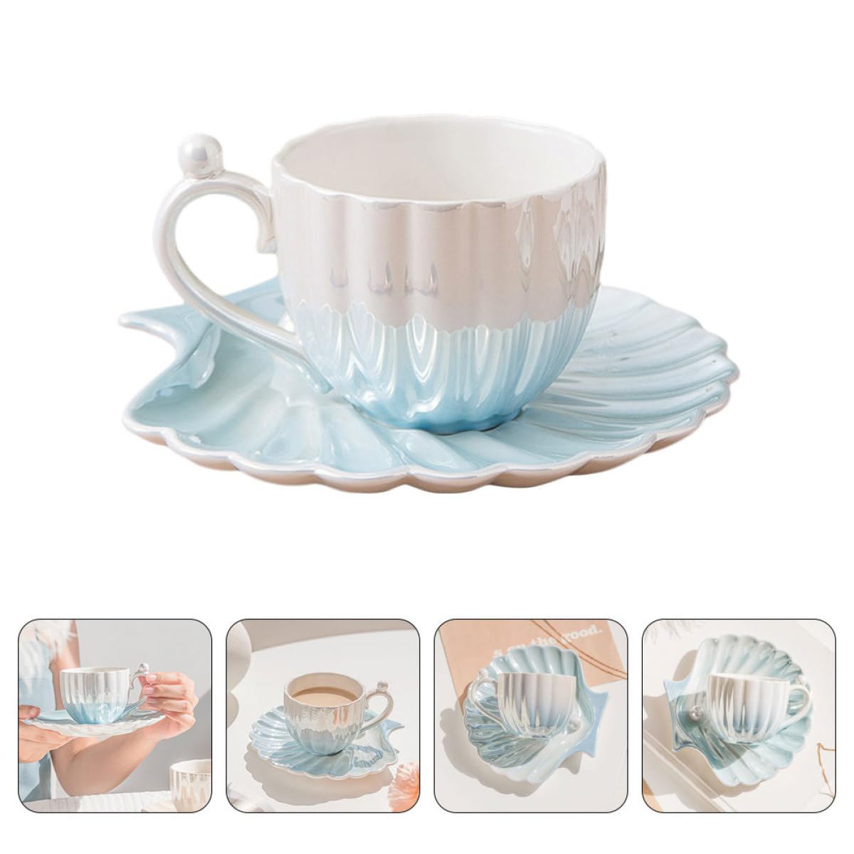 Kichvoe Set di Tazze da Caffè Elegante e Delicato in Ceramica 300ml con Piattino Base Piatta e Lavorazione Raffinata per Bere Caffè o Succhi di Frutta