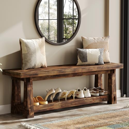TRIBEWOOD 55" Solid Wood Entryway Bench with Shoe Storage, Rustic