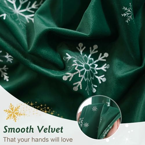 Image of Beauoop Christmas Green Velvet Curtains 96 Inches Long 2 Panels for Bedroom Living Room Silver Snowflake Holiday Decor Thermal Insulated Room Darkening Rod Pocket Window Treatments Drapes, 52X96