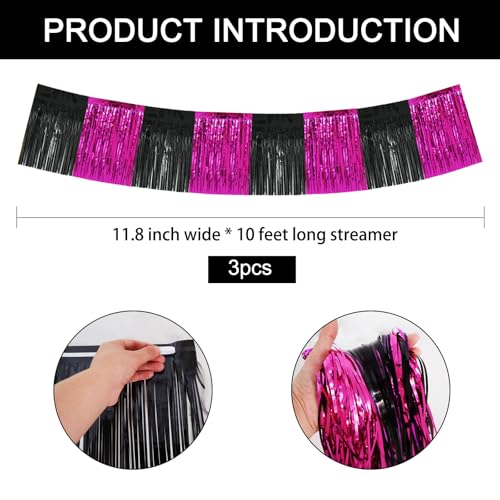 Image of BEISHIDA 3 Packs Metallic Foil Fringe Garland Black Hot Pink Wall Hanging Tinsel Fringe Banners for Car Floats Bridal Shower Wedding Birthday Graduation Holiday Party Decoration(30 Feet)