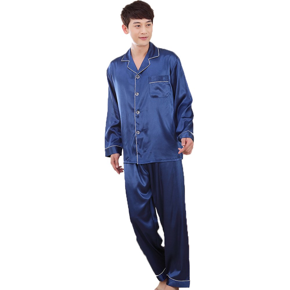 ZUEVI Men's Satin Silky Pajamas set Classic Silk like Sleepwear Set Button-Down Loungwear Two-Piece Pj Sets