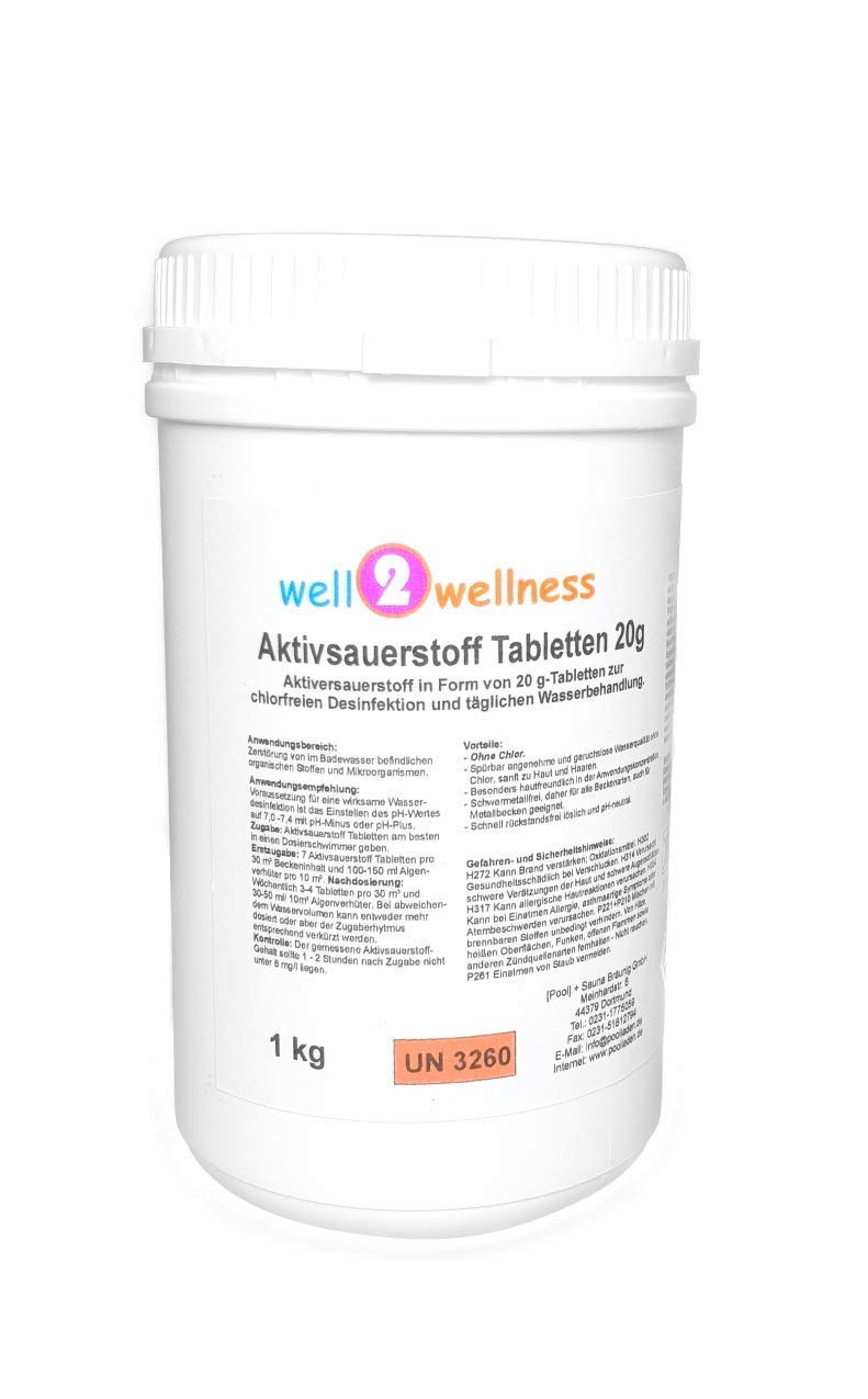well2wellness Aktivsauerstoff-Tabletten 20g 1,0 kg | Aktiv Sauerstoff Tabletten | Chlorfreie Reinigung | Schnelle Wirkung | Klares und Sauberes Wasser | Poolpflege | Poolzubehör