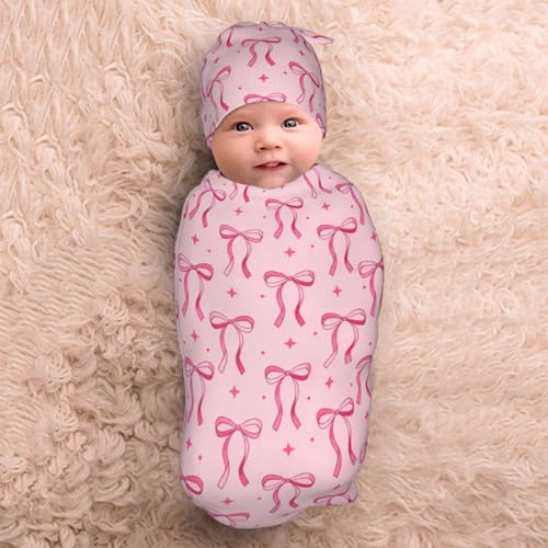 Image of Lcokin Pink Bow Baby Stuff Swaddle Blanket Hat Set, Newborn Receiving Blanket Shower Gift for Boys Girls