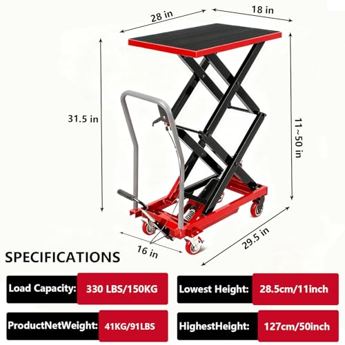 Image of GarveeTech Hydraulic Lift Table Cart, 330Lbs Load Capacity 50 Inch Lifting Height, Manual Double Scissor Lift Table with Non-Slip Pad and 4 Wheels,Hydraulic Scissor Cart (330lbs - Double - Red Black)