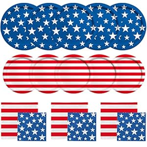 American Flag Patriotic Party Supplies Disposable dinner paper plates dessert paper plates Napkins and Cocktail napkins for Veterans Day Election Day 4th of July Independence Day Decorations, Serve 50