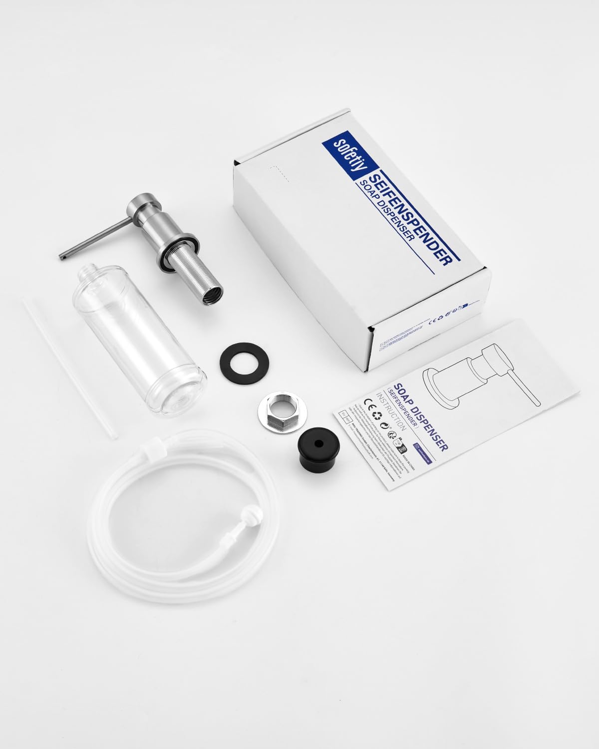 Seifenspender Küche Einbau, Spülmittelspender mit Edelstahlmuttern, Seifenspender Edelstahl mit 300ml Flasche und 1,25m Verlängerungsschlauch, Soap Dispenser aus Kupfer, Gebürsteter Edelstahl