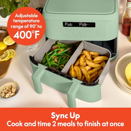 Image of bella 4 Qt TriZone Air Fryer, EverGood Ceramic Nonstick Coating, Dual Basket Design w Removable Divider, Digital Touchscreen Control w 6 Preset Cooking Options, 1200 Watt, 3lb Capacity, Seaglass