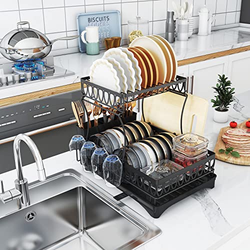 Gillas Dish Drying Rack, 2 Tier Dish Racks For Kitchen Counter, Kitchen Organization With Large Capacity Dish Drainers & Drainboard, Dish Rack With Utensils & Glass Holder, Black #TOP5