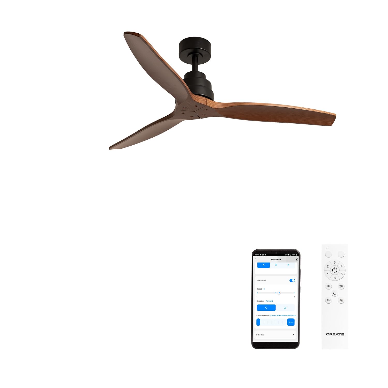 CREATE / WINDSTYLANCE M/Ventilatore da soffitto ABS nero pale effetto legno scuro con Wifi e telecomando / 40W, Silenzioso, Ø132 cm, 6 velocità, estate-inverno, doppia altezza, motore DC