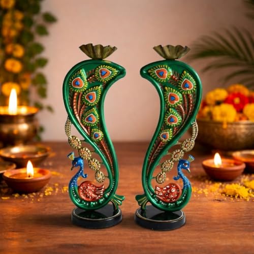 Image of CraftVatika Elegant Metal Peacock Candle Holder - Peacock Decoration Items, Perfect Home Decoration Diwali, Intricate Design Tealight Candle Holders for Home Decor, Handpainted Tealight Candle Holder
