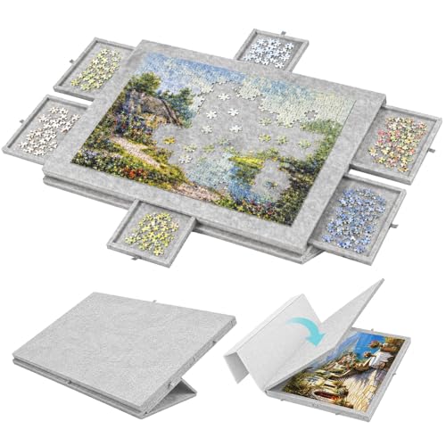 Puzzle-Aufbewahrungsbrett mit 6 Schubladen Neigbare Puzzle-Platte aus Filz für bis zu 1000 Teile 2-in-1 Puzzletisch mit Ständer & Abdeckung Leicht & tragbar für Erwachsene & Kinder (Light Grey)
