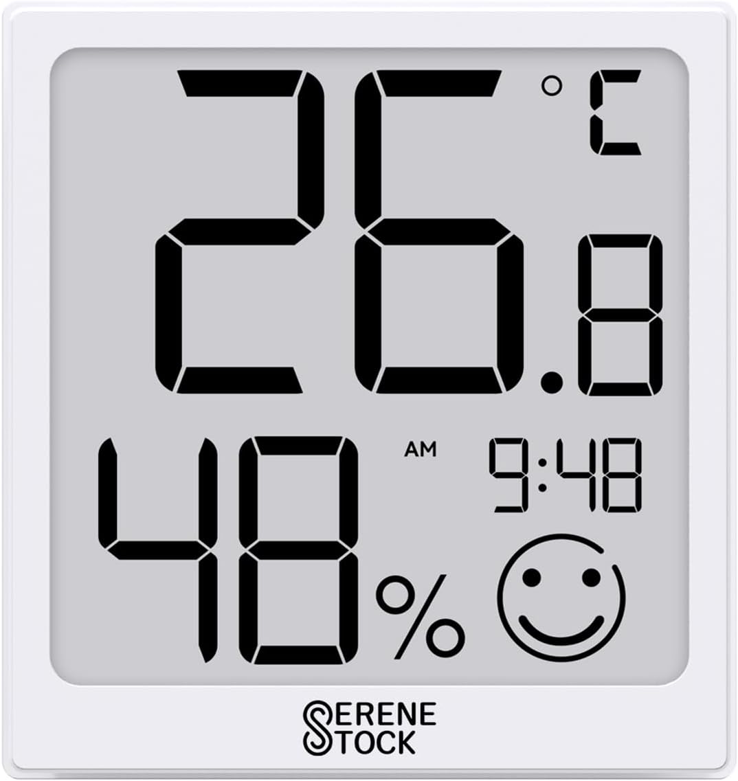 Serenestock Digital Indoor Hygrometer Thermometer Room Thermometer- LCD Screen Temperature and Humidity Gauge C/F Switchable Meter Baby Basement Greenhouse Outdoor & Clock