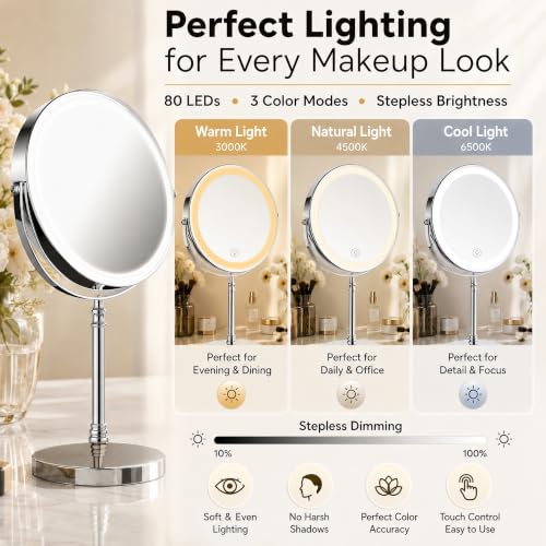 Image of DEIOVWXS Makeup Mirror, Rechargeable Vanity Mirror with 3 Lights, 1X /10X