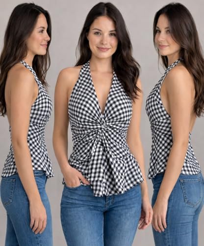 Image of Muhib Women's Halter Neck Sleeveless Cotton Top | Black & White Gingham Check Twist Front Summer Top | Stylish Casual Crop Blouse for Women
