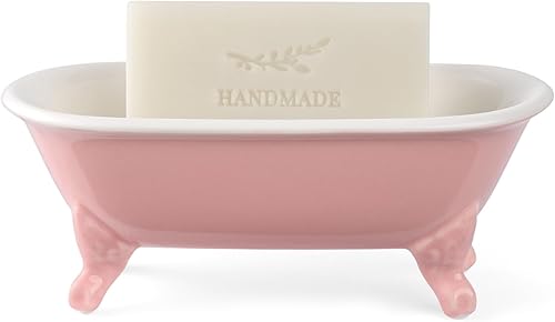 Miniatura 4 de Jabonera decorativa de cerámica de 6.5 pulgadas, soporte para esponja de cocina y bandeja de ducha para baño, 1 paquete (rosa)