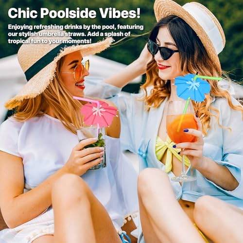 【100 PCS】Umbrella Straws for Drinks - Colorful Cocktail Straws with Mini Umbrellas, Tiki Party Supplies, Hawaiian Luau Tropical Theme, Parasol Drinking Straws for Margarita, Pina Colada, Beverages.