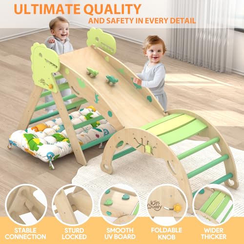 Pikler Triangle Set with Cushion 9 in 1 Climbing Toys for Toddlers 1-3 Indoor Baby Climbing Gym Toddler Montessori Toys Wooden Toy with Maze Toy, Shape Sorter, Dinosaur Car
