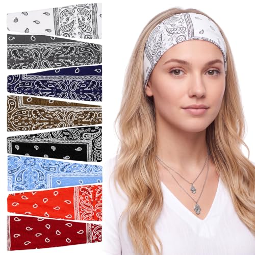 obeoby 8 Pack Paisley Headbands for Women, Wide Stretchy Hair Bands