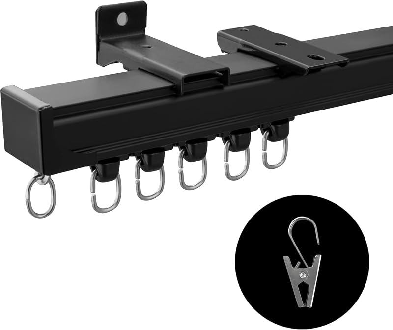 Ceiling Curtain Track,Curtain Track Wall Mounted,Ceiling Mount Rail Room Divider Tracks Extra Long Curtains Rod for Living Room Bedroom Patio Sliding Door Curtains with Clips,Black 9ft