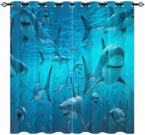 ANHOPE Shark Curtains - Ocean Great White Shark in Deep Sea Underwater World Marine Life Sea Animals Print Pattern Waterproof Fabric Grommet Window Drapes for Bedroom Living Room 2 Panels W42 x L63