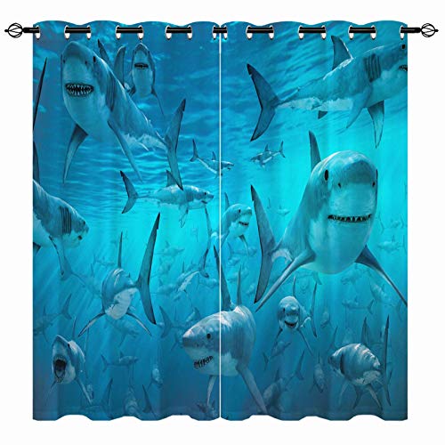 Anhope Shark Curtains - Ocean Great White Shark In Deep Sea Underwater World Marine Life Sea Animals Print Pattern Waterproof Fabric Grommet Window Drapes For Bedroom Living Room 2 Panels W42 X L63 #TOP2