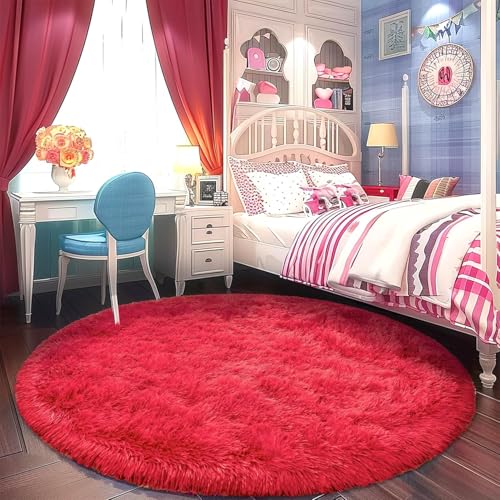 Image of Shaggy Round Area Rug - Soft Plush Circle Solid Color Carpet for Living Room, Bedroom, Kids Room - Fluffy Fuzzy Floor Mat for Home Decor (Red, 3x3 feet, Round)
