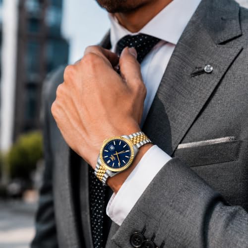 Image of Classic Blue Dial Quartz Watch for Men with Stainless Steel Two Tone Bracelet (Silver-Golden), Magnified Date Window & Water Resistant Build